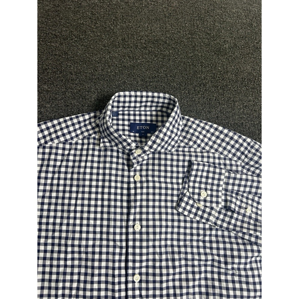 Eton Slim Fit Button Up Shirt Blue & White Gingham Check Mens Medium 15 3/4